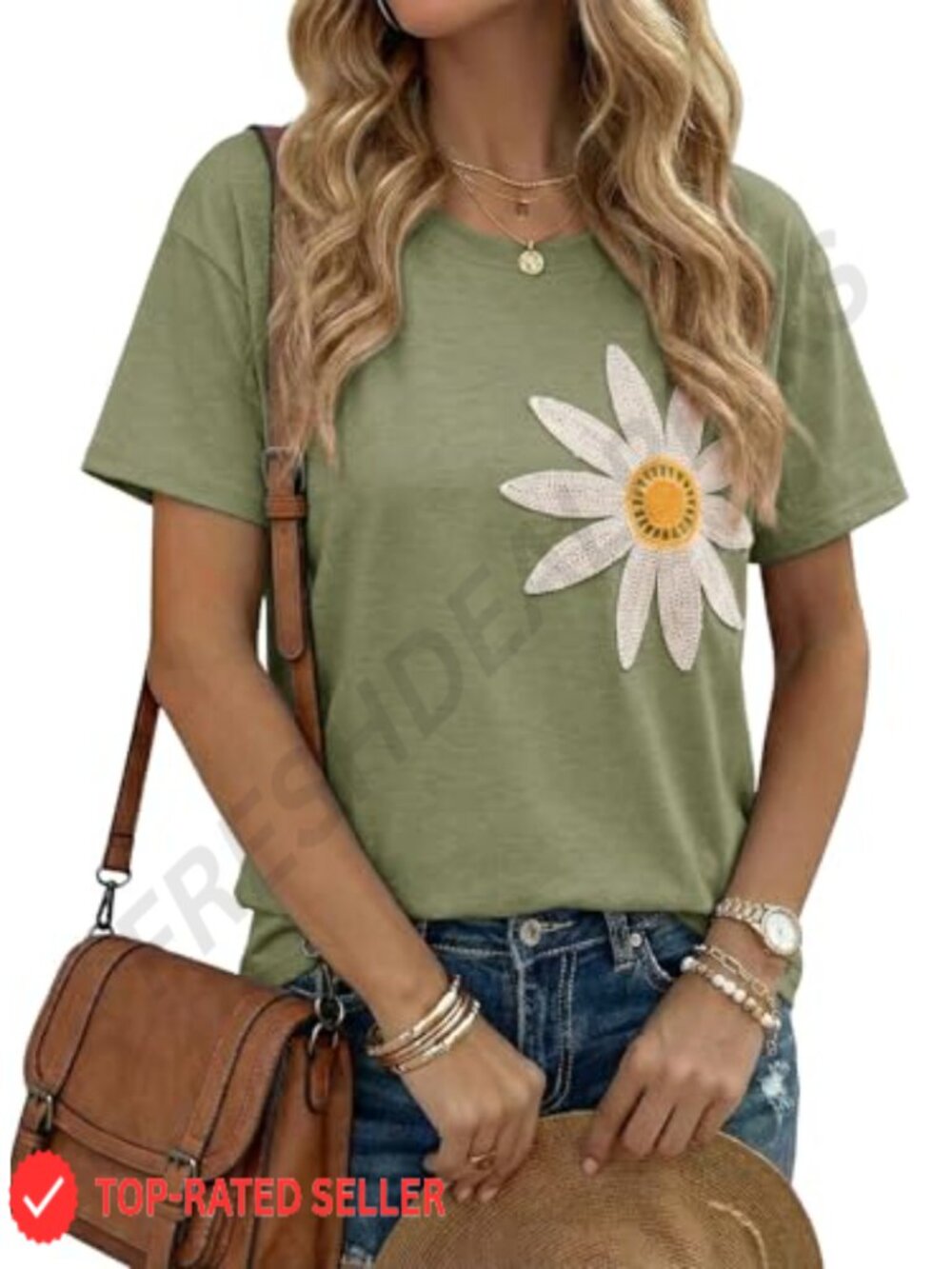 Flower Embroidery Short Sleeve Crewneck Loose Fit Summer T-Shirt Blouse